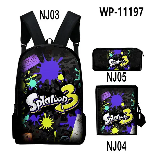 splatoon-sac à dos pour ordinateur portable, sac à bandoulière incliné, trousse à crayons, sac à dos pour 3 élèves, jeu de mode créatif, ensemble de 3 pièces