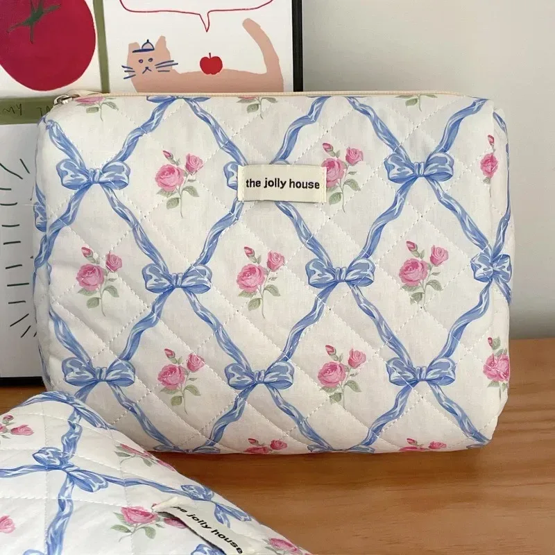 trousse de maquillage courtepointe pour femme, trousse de toilette portable pour filles, sac à main grill pour femme, trousse cosmétique à fermeture éclair, nœud mignon, fleur