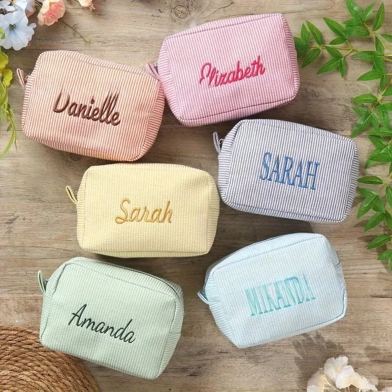 trousse de toilette rayée personnalisée – brodée sur mesure, rangement de cosmétiques portable en polyester, idéale pour les voyages, le dortoir scolaire et la maison