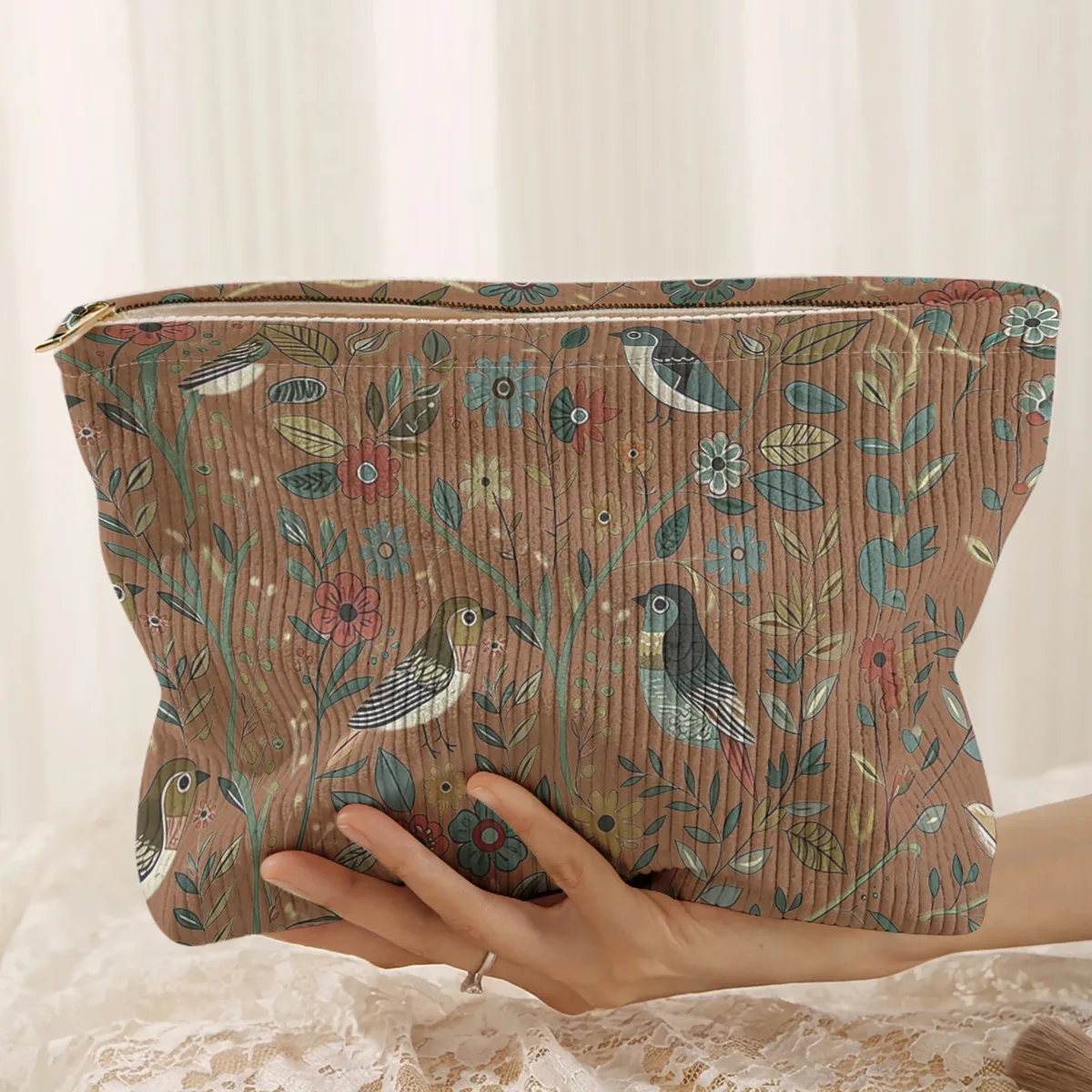 1 pièce, trousse de maquillage en velours côtelé avec motif d'oiseaux et de branches, légère et multifonctionnelle pour le rangement des cosmétiques.