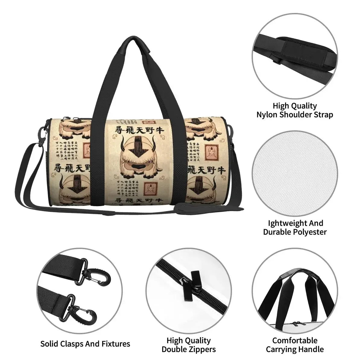 sac voyage polyester motif bœufs stylisés poignée amovible bande épaule usage week end sport cylindrique durabilité