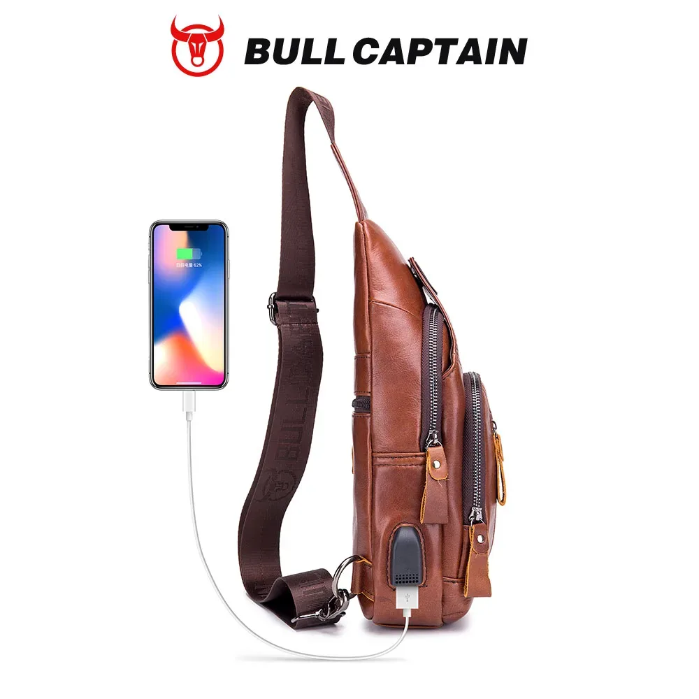 bullcaptain – sac de poitrine usb pour hommes, sacs à bandoulière 100% cuir véritable, sacoche multifonction de voyage et d'extérieur, sac messager à la mode