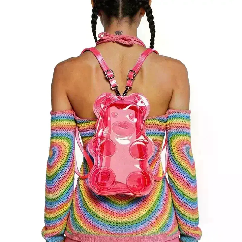 sac à dos transparent en pvc couleur bonbon y2k, sac bandoulière mignon en forme d'ours pour adolescentes, idéal pour l'école et l'usage quotidien