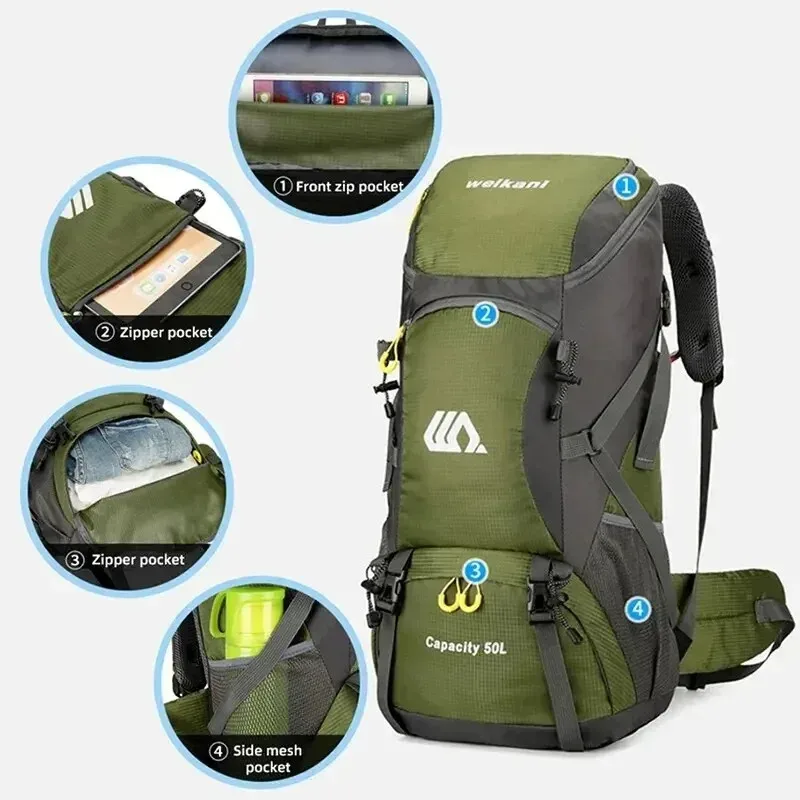 grand sac à dos de voyage étanche pour homme, sac de camping, sac à dos de randonnée, sac de tourisme, sports de plein air, escalade, canadisme, 50l