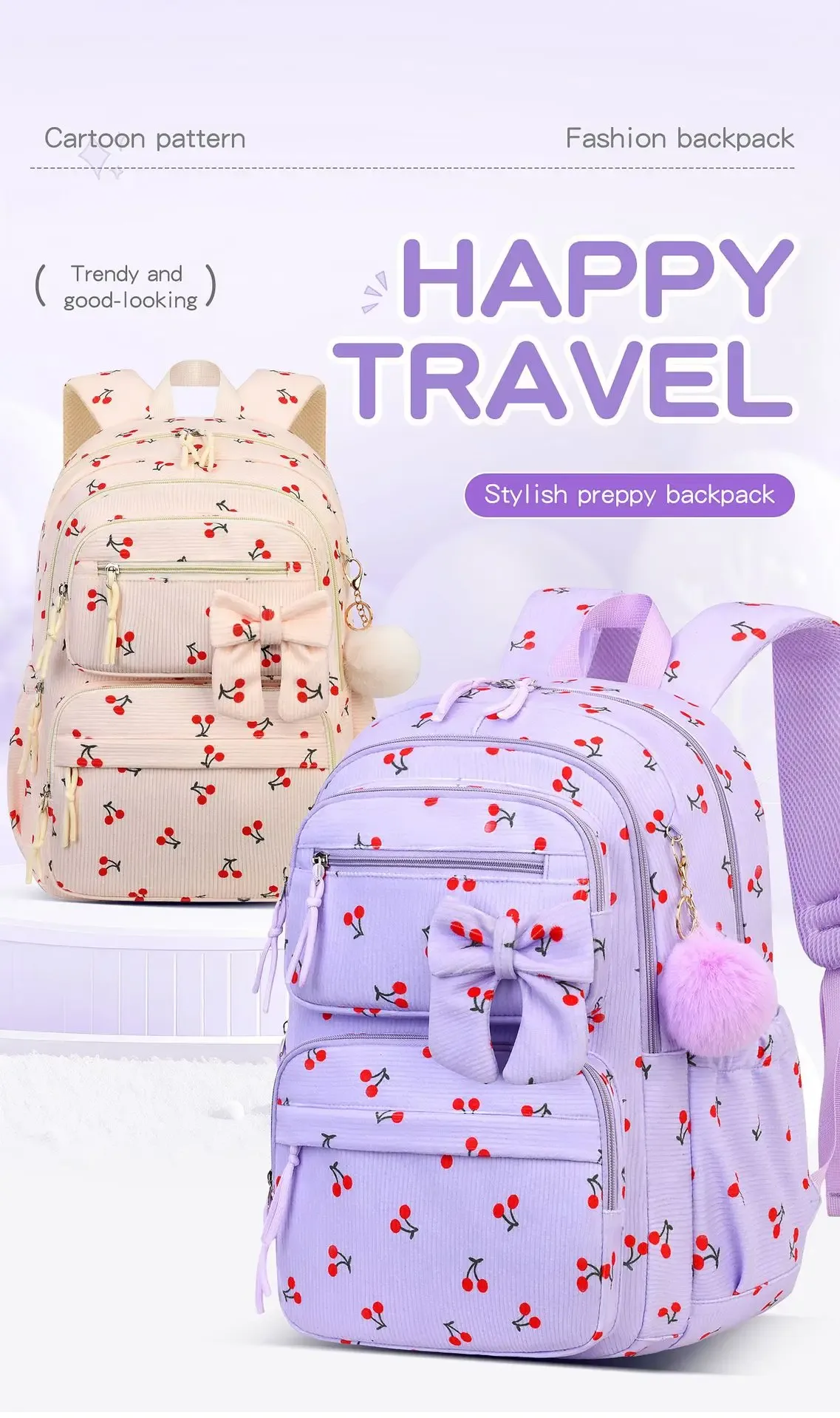 sac dos velours cotelé cerises beige grande capacité casual étudiant set trois pièces école voyage
