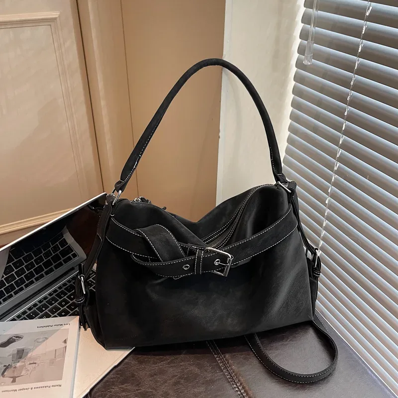 sac fourre-tout en cuir souple de grande capacité, sac à main avec boucle de ceinture, nouveau sac messager à bandoulière rétro pour fille, sac de moto