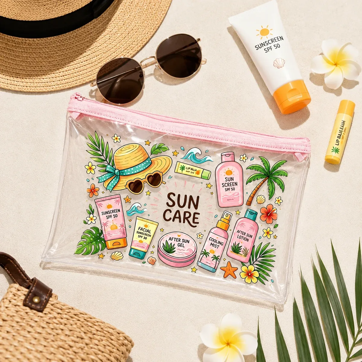 sac de maquillage transparent en pvc pour l'été, organiseur imperméable rose à fermeture éclair pour femmes, plage, piscine, voyage et articles de toilette solaires
