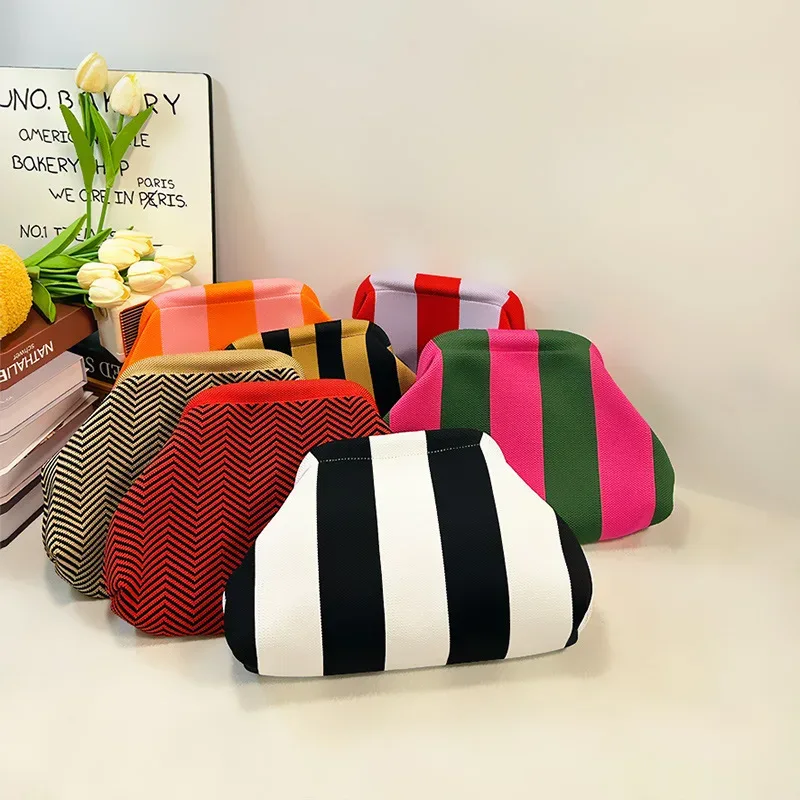 sacs à main tissés au crochet pour femmes, pochette de plage d'été, sacs à main tricotés, pochette de boulettes froncée, mignon nuage décontracté, sac colorblock