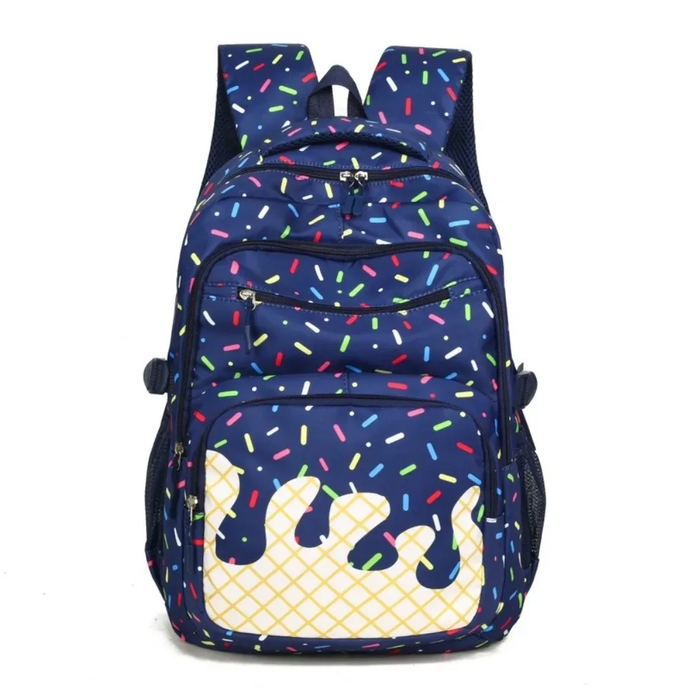 sac dos tissu oxford imprimé vanille perles colorées rose blanc format trapézoïdal fermeture glissière poche latérale maille usage étudiant voyage
