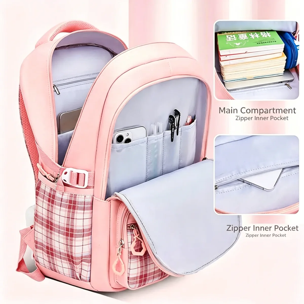 sac à dos à carreaux pour filles d'école primaire, ergonomique, léger, imperméable, grande capacité, protection de la colonne vertébrale