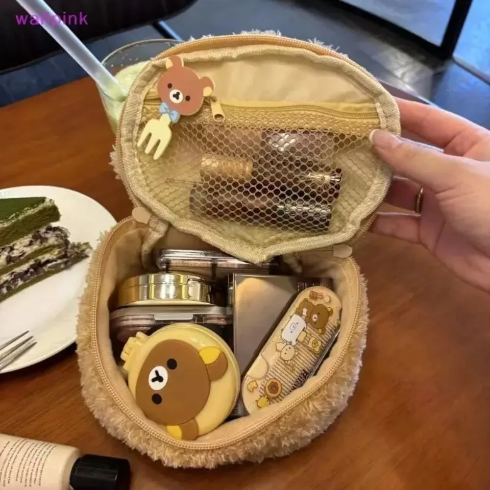 trousse de maquillage portable en peluche, sac cosmétique ours de dessin animé pour femmes, pochette de rangement pour bijoux, pochette de voyage grande capacité