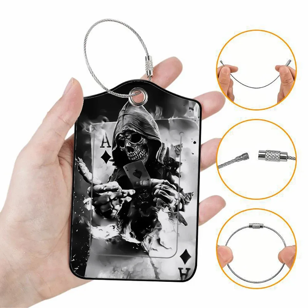 promotion étiquette de bagage en cuir à motif d'horreur, étiquette d'adresse pour valise, étiquette d'embarquement pour bagage, clip pour nom, identifiant et adresse