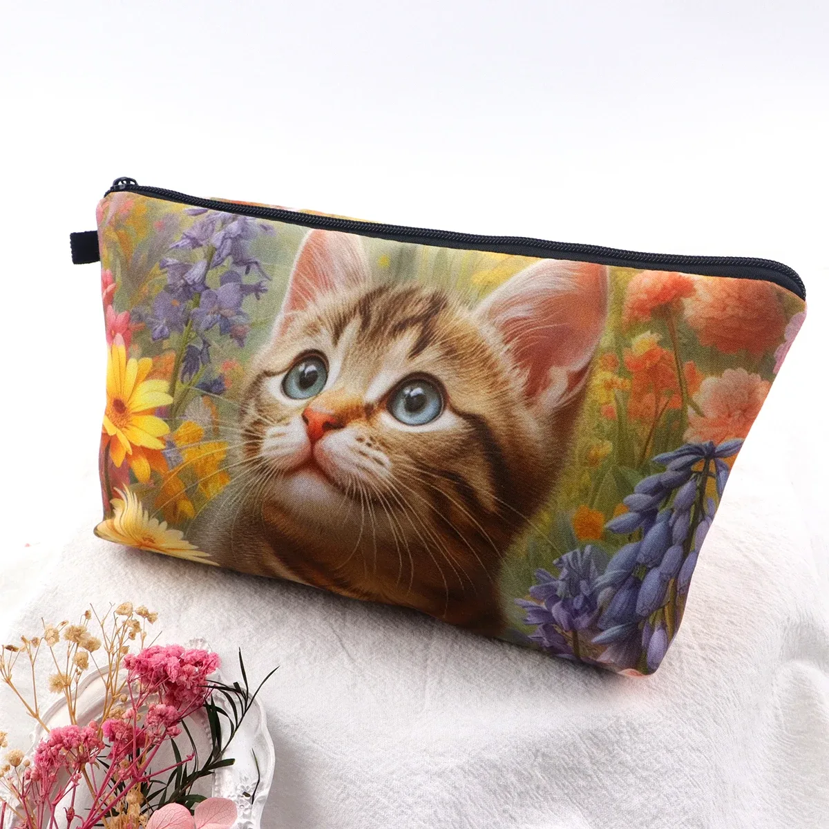 sac de rangement de voyage pour femmes, sac à cosmétiques, trousse de maquillage, trousse de maquillage, trousse de rouge à lèvres à fermeture éclair imprimée, chat mignon