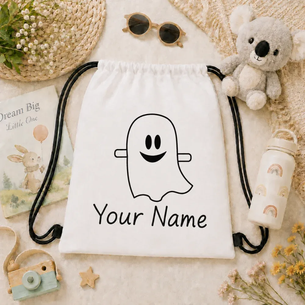 sac à dos à cordon personnalisé fantôme mignon, sac à bonbons d'halloween pour enfants avec nom personnalisé, sac de truc ou prouve pour enfants, sac cadeau d'halloween