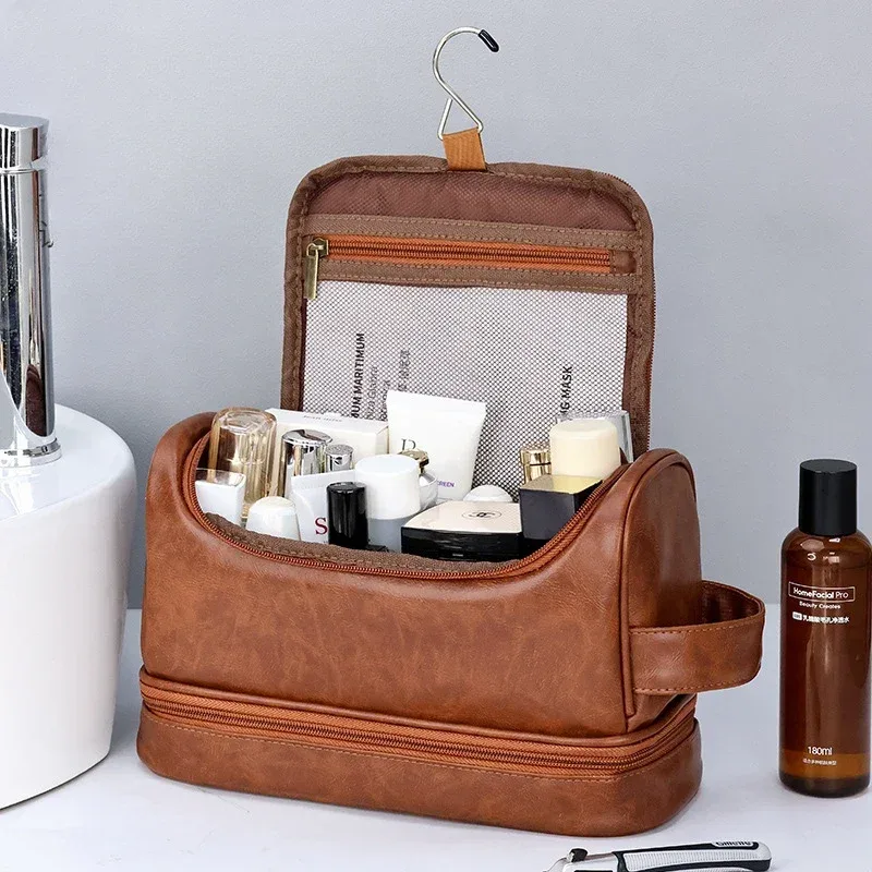 nouvelle trousse de maquillage suspendue 2026, grande capacité, en cuir pu, trousse de toilette double couche, trousse de cosmétiques pour hommes, organisateur d'essentiels de voyage