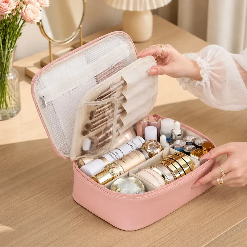 sac à maquillage double couche pour femmes - étui de rangement cosmétique spacieux, idéal pour les voyages et l'usage quotidien