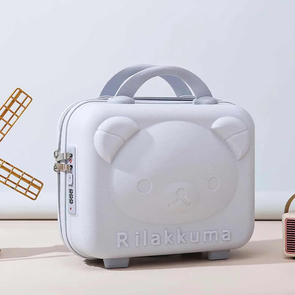 trousse toilette pp gris rose beige design rilakkuma visage oreilles relief voyage cosmétiques maquillage