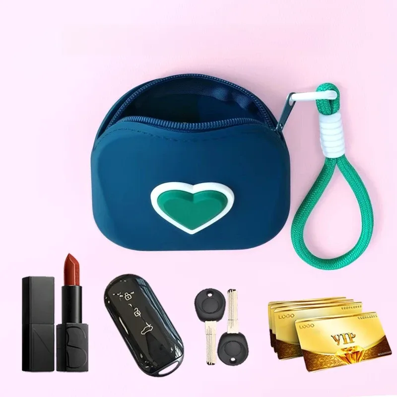 1 pièce pochette de rangement en silicone en forme de cœur, porte-monnaie, portefeuille, avec cordon tressé, organisateur portable pour câbles de données, écouteurs et clés