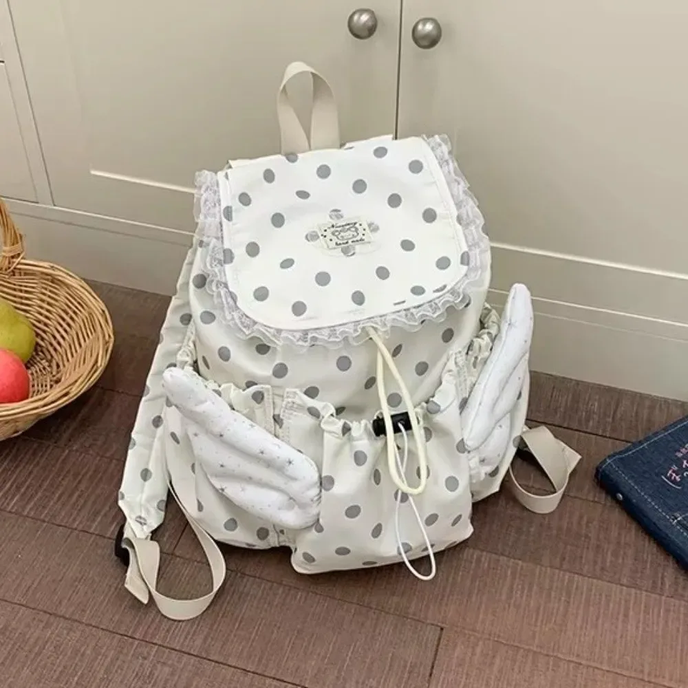 sac à dos à cordon de serrage à motif à pois, garniture en dentelle, grande capacité, sac à dos d'école, sac à dos de voyage réglable avec cordon de serrage, ailes d'ange