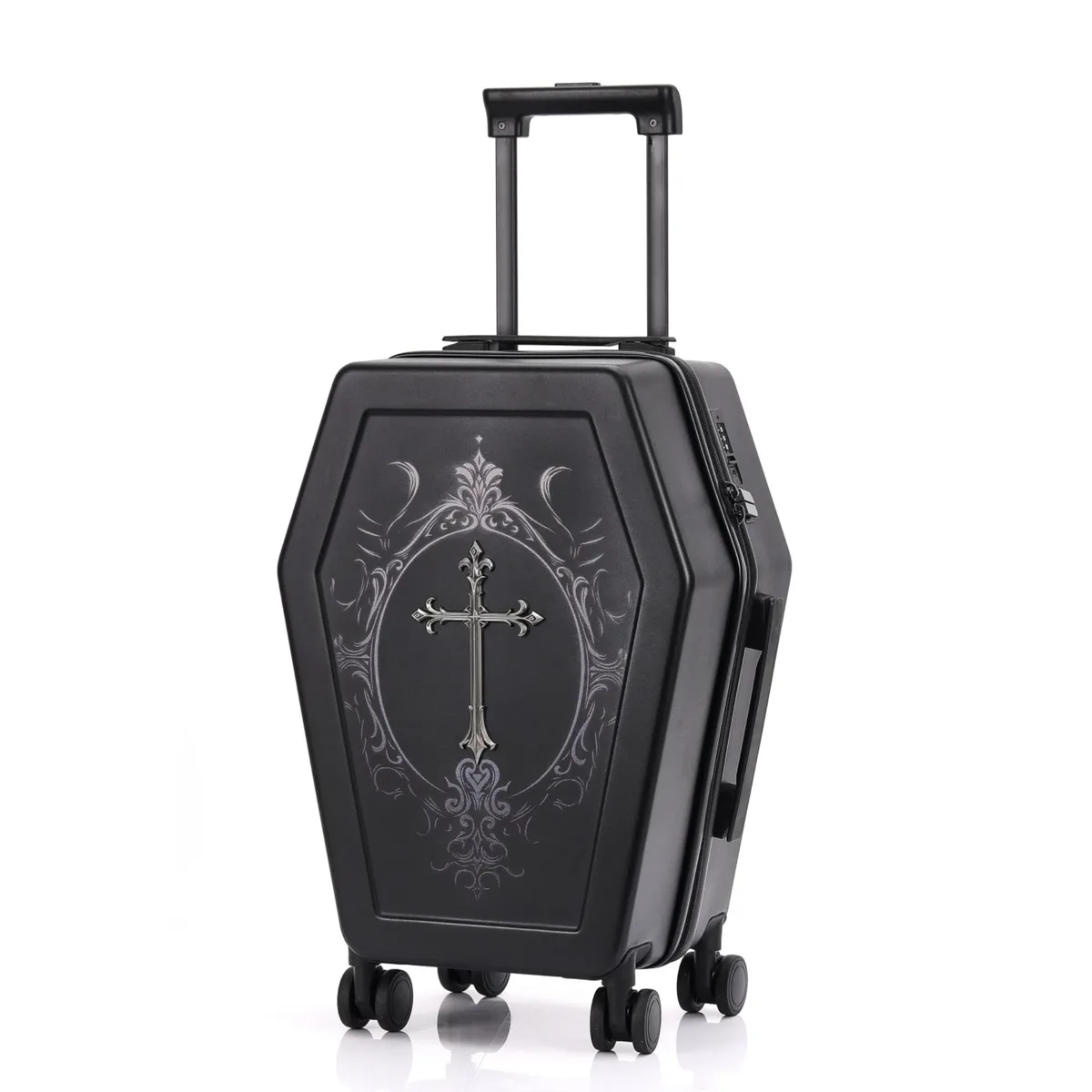 valise de voyage style gothique avec poignée en forme de cercueil pour halloween, boîte à bagages noire tendance rétro, valise personnalisée à code sombre.
