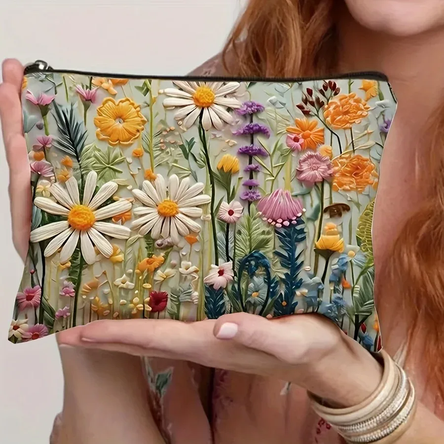 Trousse de maquillage en toile florale, pochette à fermeture éclair avec doublure, organisateur de produits de toilette, marguerite, fleurs sauvages, cadeaux parfaits pour femmes, enseignants, amis