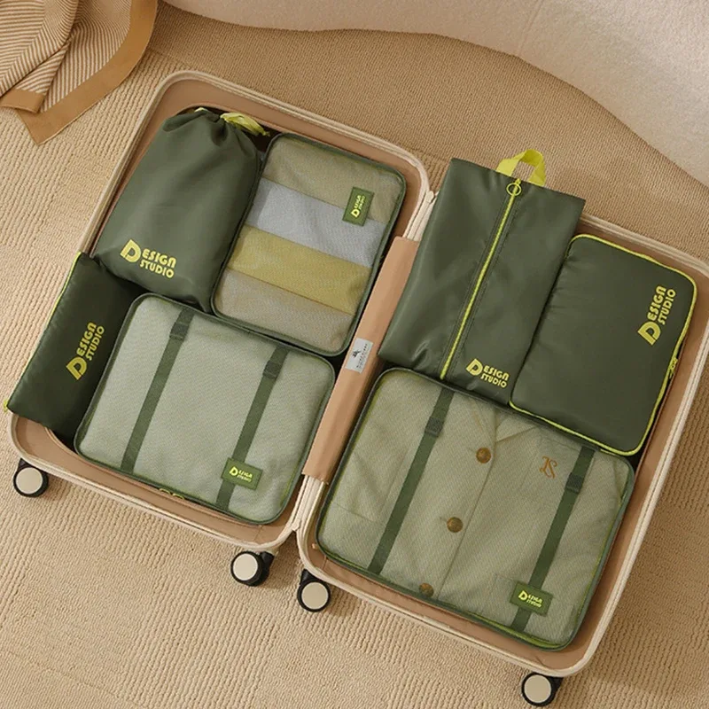 organisateur voyage polyester vert olive jaune accents motif bande poignée résistant tissu épais multifonctionnel sac compression chaussures housse vetements