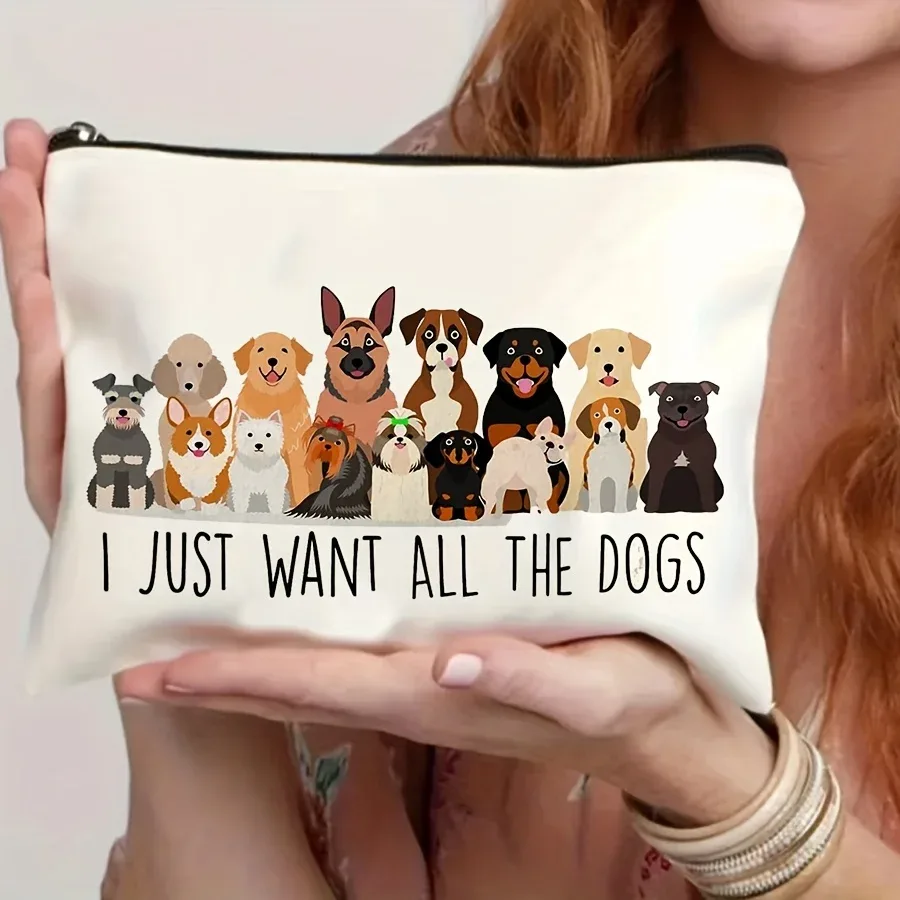 sac de toilette léger pour les amoureux des chiens, avec fermeture éclair, motif « je veux juste tous les chiens », pochette organisatrice durable
