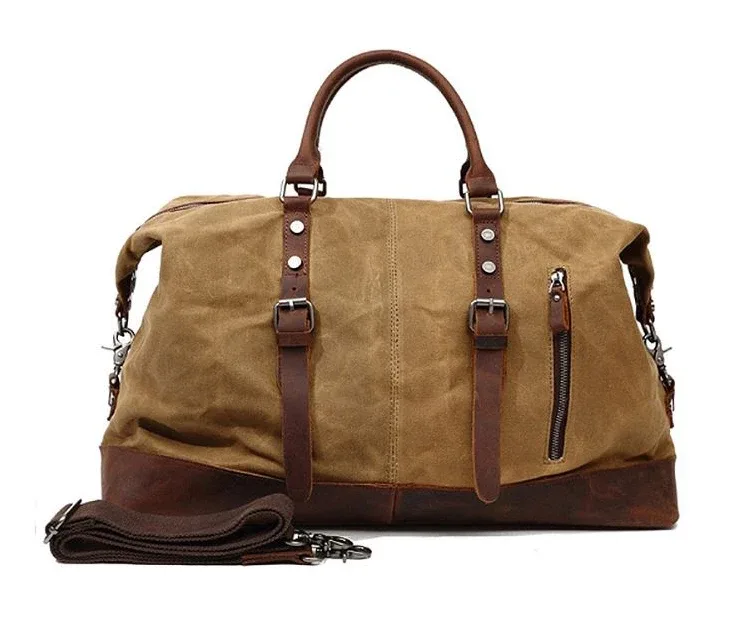 sac de voyage pour homme en toile cirée imperméable et cuir, sac à main, sac de cabine, grand sac fourre-tout vintage, sac de week-end, grand sac de nuit.