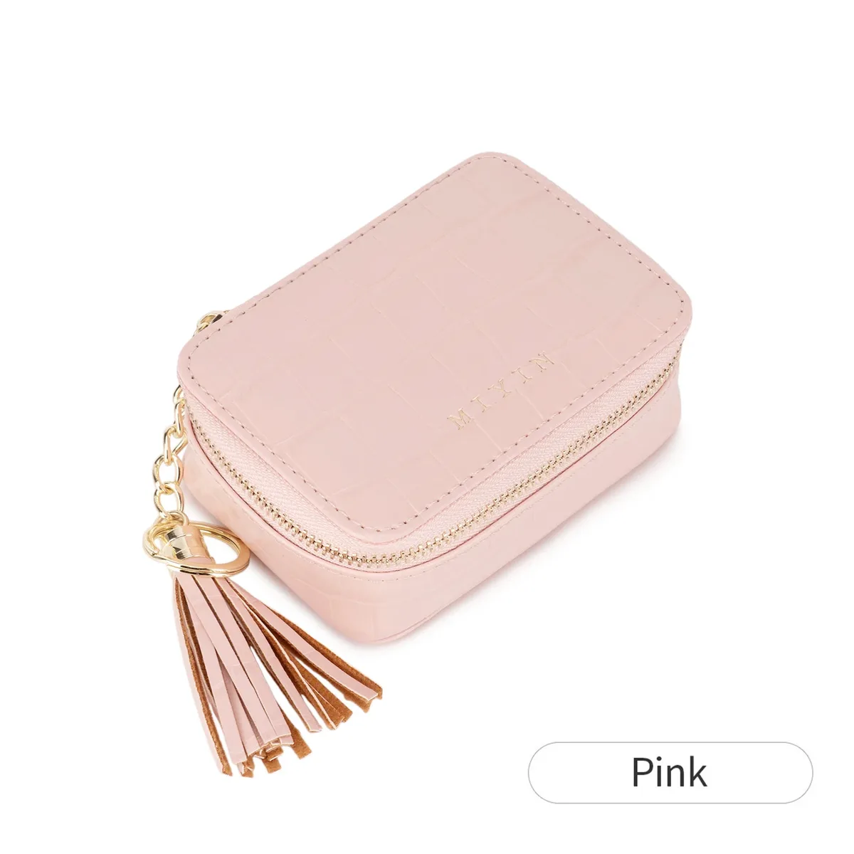 pochette à rouge à lèvres mini portable élégante pour femme, motif crocodile, sac carré à fermeture éclair avec pompon, trousse de maquillage simple couleur unie avec lettre