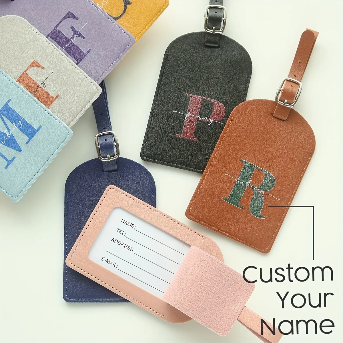 étiquette de bagage personnalisée avec nom et initiales pour valises, étiquettes de bagage colorées avec monogramme personnalisé et carte de nom avec protection de la vie privée