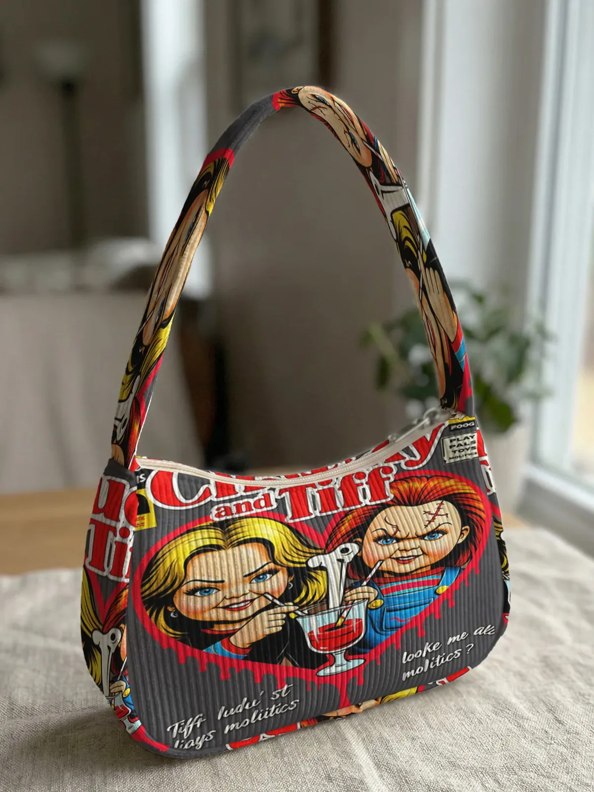 sac à bandoulière tendance imprimé chucky & tiffany, sac sous le bras en velours côtelé pour un usage quotidien décontracté