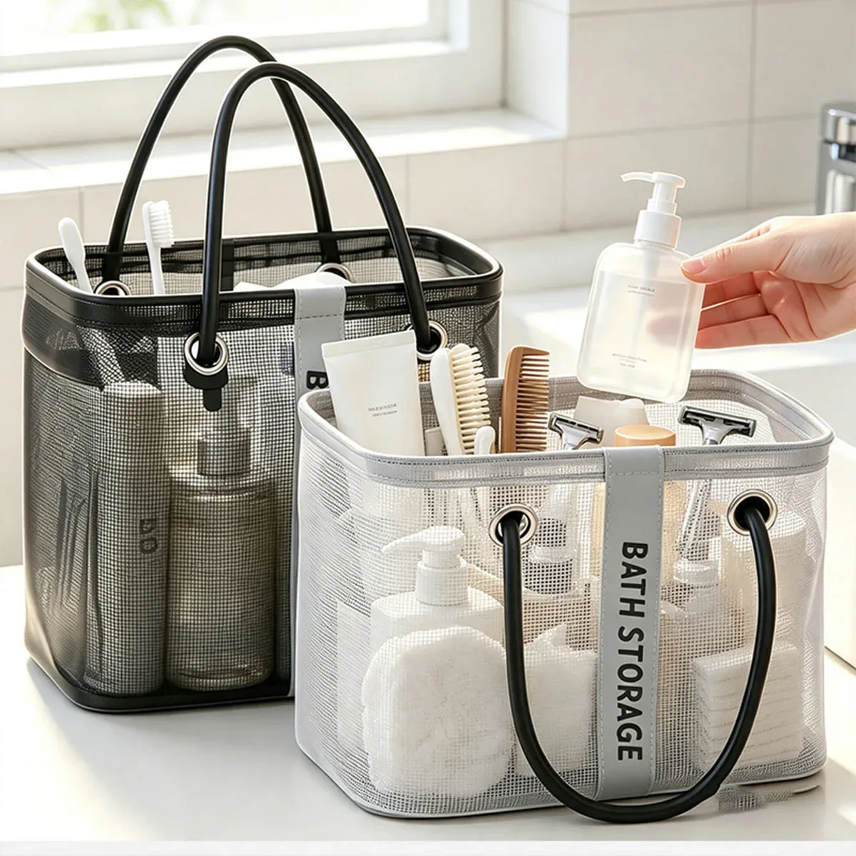 sac de toilette portable en maille avec poignée, séchage rapide, grande capacité, pour salle de bain, douche, voyage, maquillage, sac à main organisateur, panier