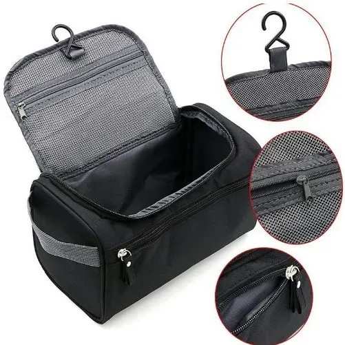 sac de rangement pour articles de toilette et cosmétiques de grande capacité, idéal pour les personnes pressées, multifonctionnel avec crochet et fermeture éclair imperméable.