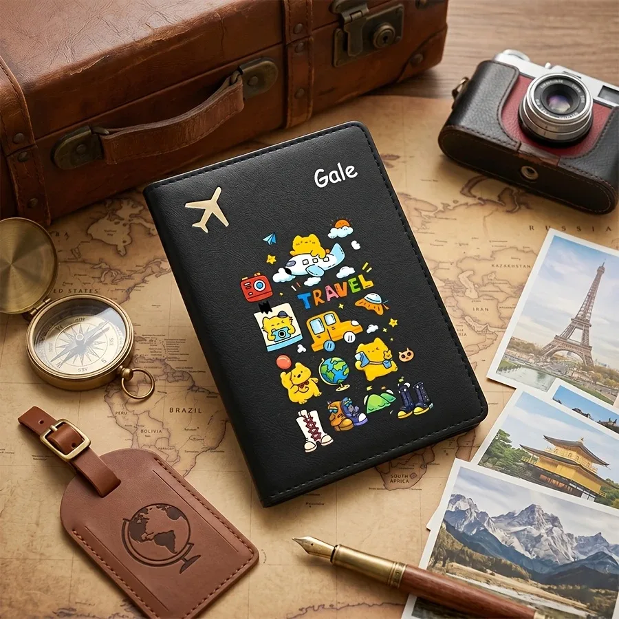 porte-passeport personnalisé avec nom et texte, étui de passeport mignon à motif de dessin animé, couverture de passeport et organiseur de documents, porte-billets de voyage