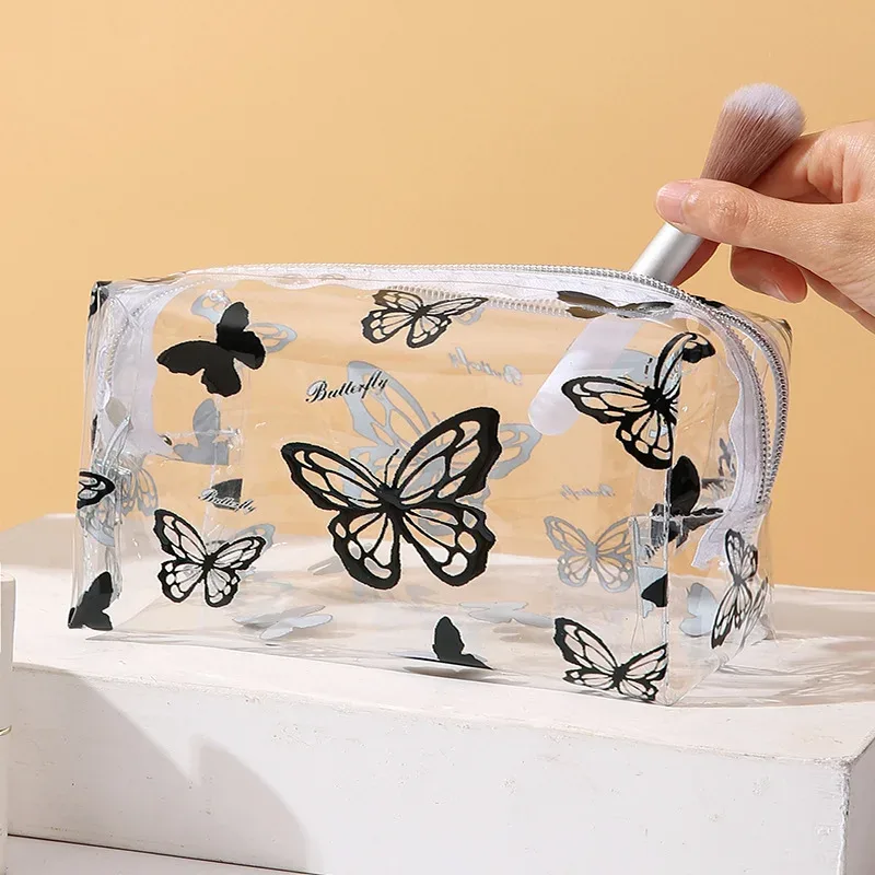 sac de maquillage transparent en pvc imprimé papillon pour femmes, sac de rangement octogonal pour cosmétiques, sac de lavage étanche de grande capacité pour voyage