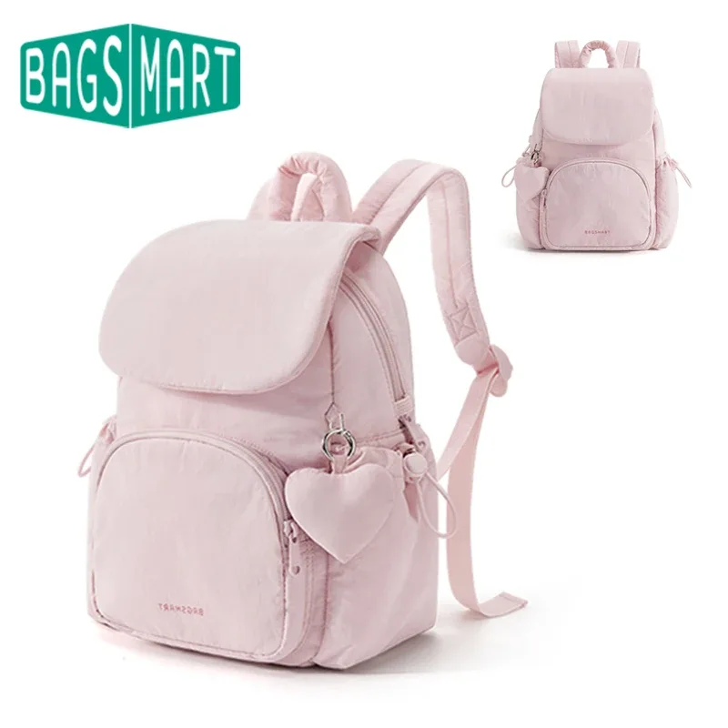 sac dos nylon rose clair poche avant rabat souple imperméable compartiment informatique usage universitaire école bureau voyage