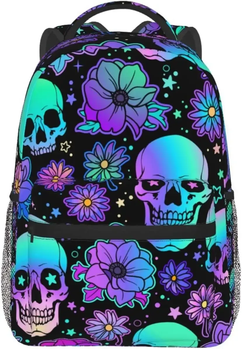 sac à dos à motif de crânes humains et de fleurs lumineuses, sac à dos décontracté pour ordinateur portable, sac à dos pour le travail, poches