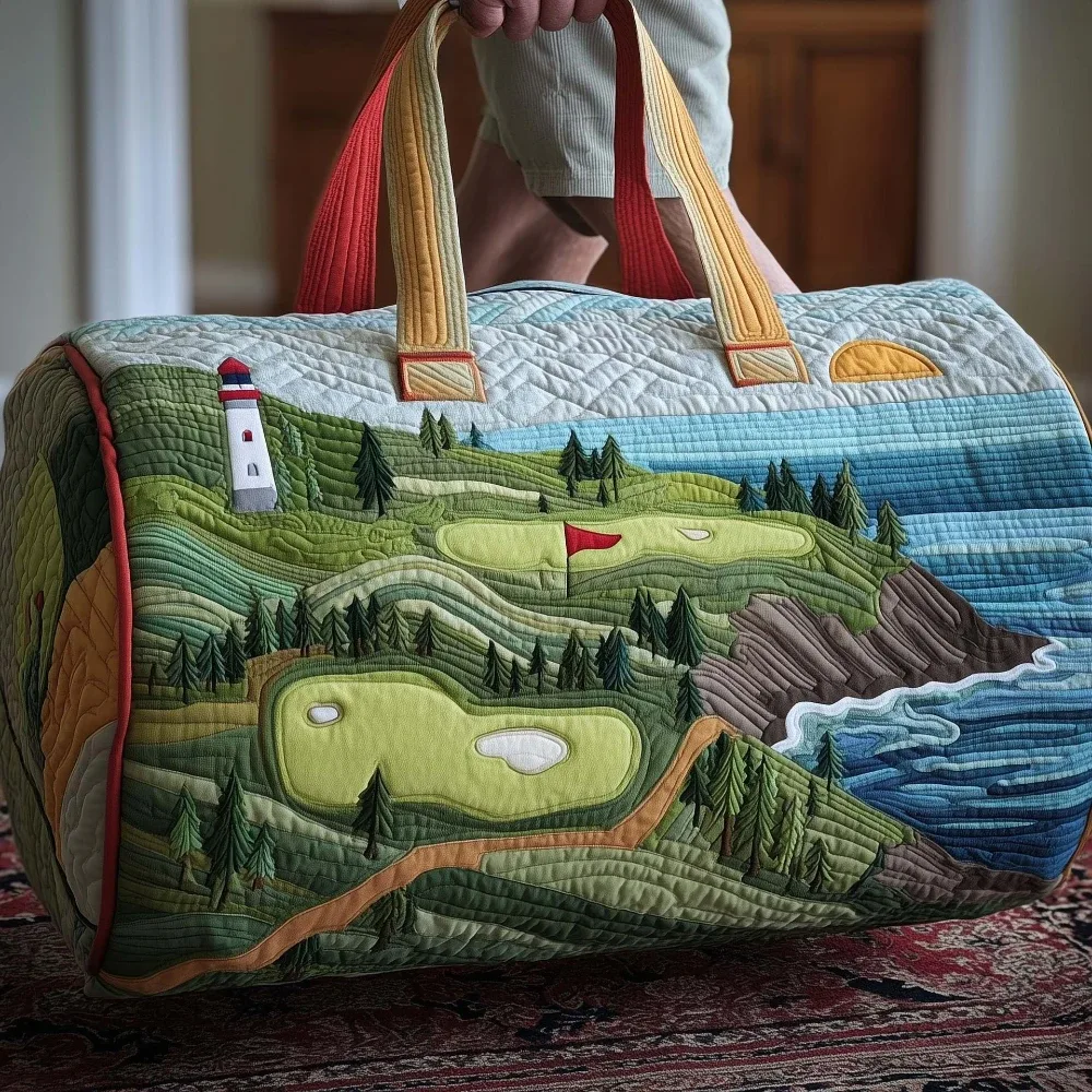 sac de voyage matelassé imprimé en 3d, paysage tropical de coucher de soleil et phare côtier, sac de voyage tendance pour la plage, la randonnée et le camping