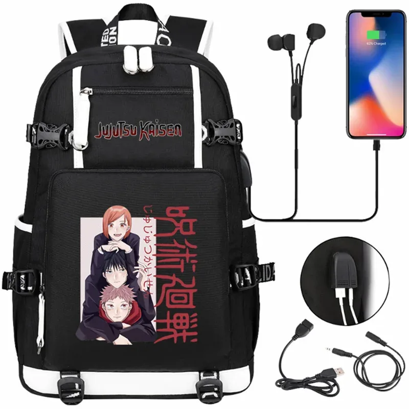 jujutsu kaimmer-sacs à dos college pour hommes et femmes, cartable anime pour adolescents, port de charge usb décontracté, sacs d'extérieur pour ordinateur portable, noir, mochila