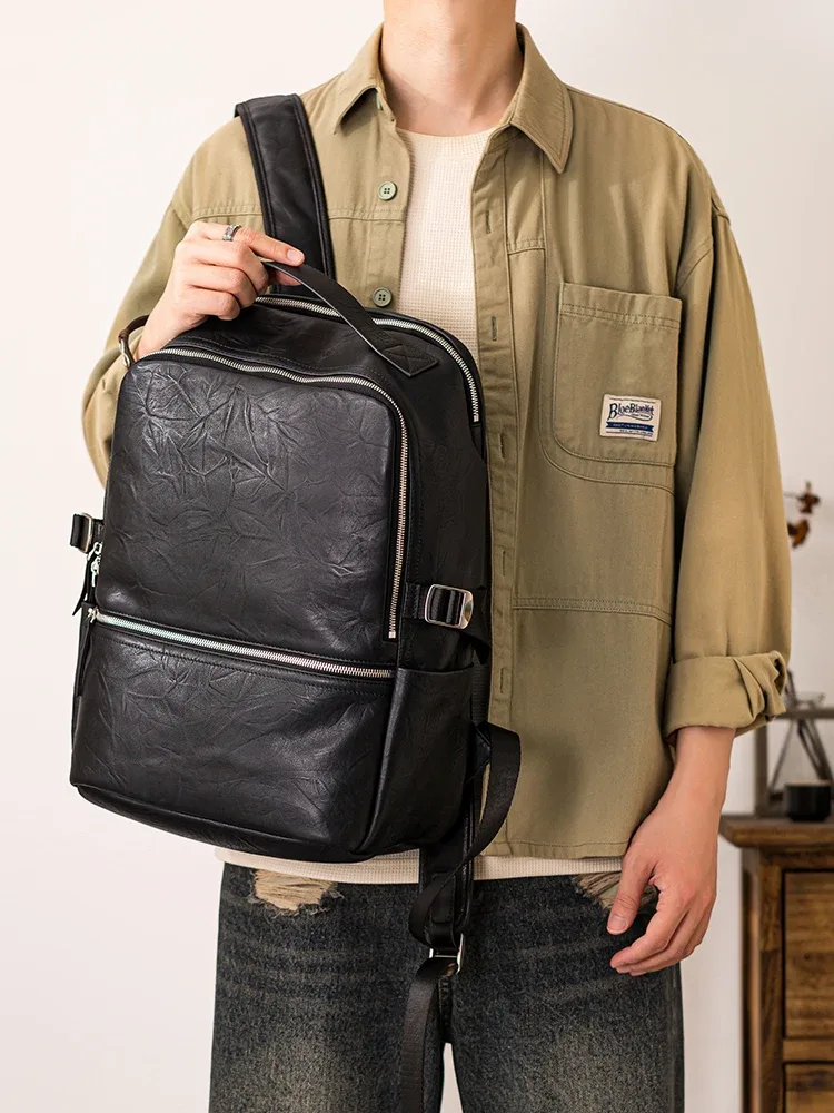 pndme voyage en plein air de haute qualité en cuir véritable hommes noir sac à dos mode décontracté luxe en cuir de vache ordinateur sac à dos