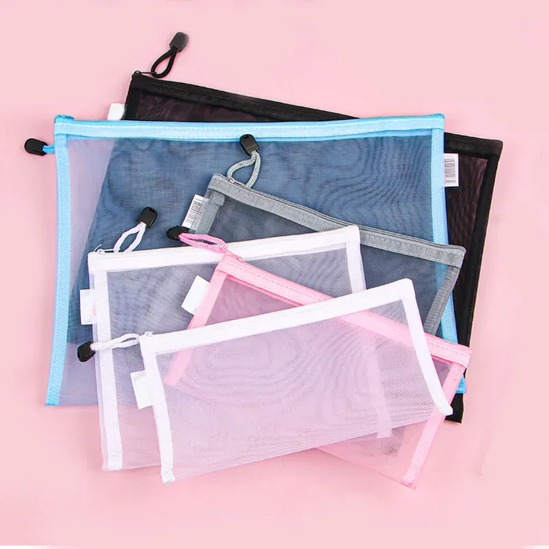 trousse toilette nylon transparent bords bleu gris rose blanc fermeture glissière format a6 voyage cosmétiques maquillage