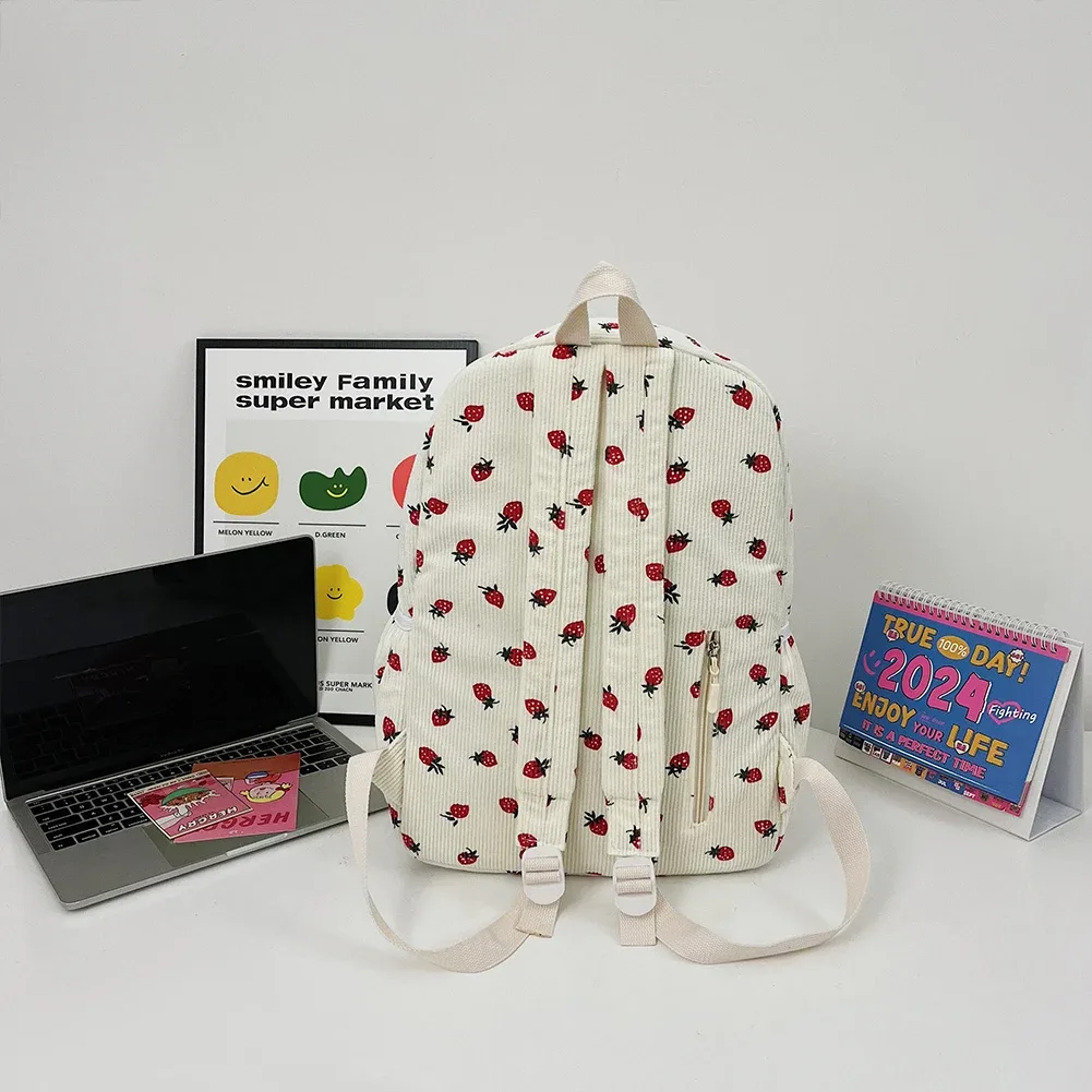 sac à dos en velours côtelé à motif fraise, sac à dos quotidien de grande capacité, sac à livres tendance, multi-poches, sangle réglable pour les voyages en plein air