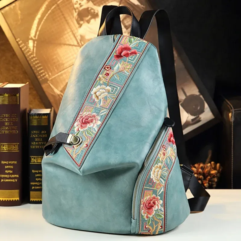 sac à dos rétro en cuir véritable pour femmes, design brodé, pour voyage, anti-vol, tendance