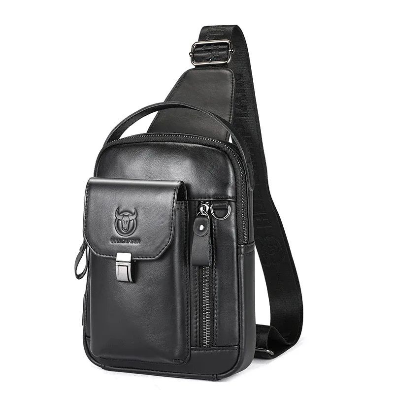 bullcaptain sac de poitrine en cuir véritable pour hommes décontracté rétro 7.9 pouces sac pour téléphone portable multifonctionnel antivol sac à bandoulière
