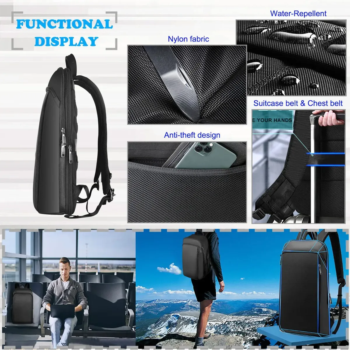 zinz slim extensible sac à dos pour ordinateur portable antivol 15-16 pouces sac pour ordinateur portable de voyage d'affaires pour hommes et femmes