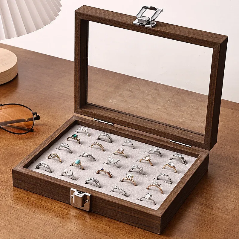 boîte à bijoux motif noyer avec couvercle, étui de rangement pour bagues, boucles d'oreilles, bracelets, chaînes, plateau de présentation en bois dur de style décontracté