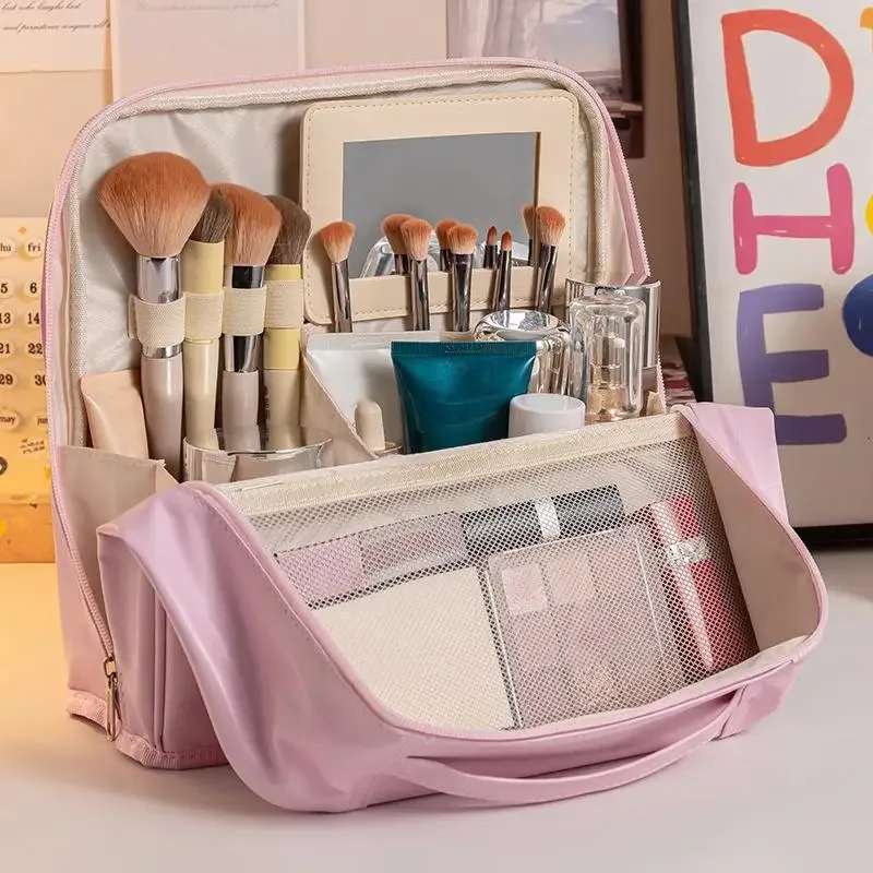 sac à cosmétiques imperméable de grande capacité avec miroir, organisateur de rangement de maquillage de voyage pour femmes【smq】