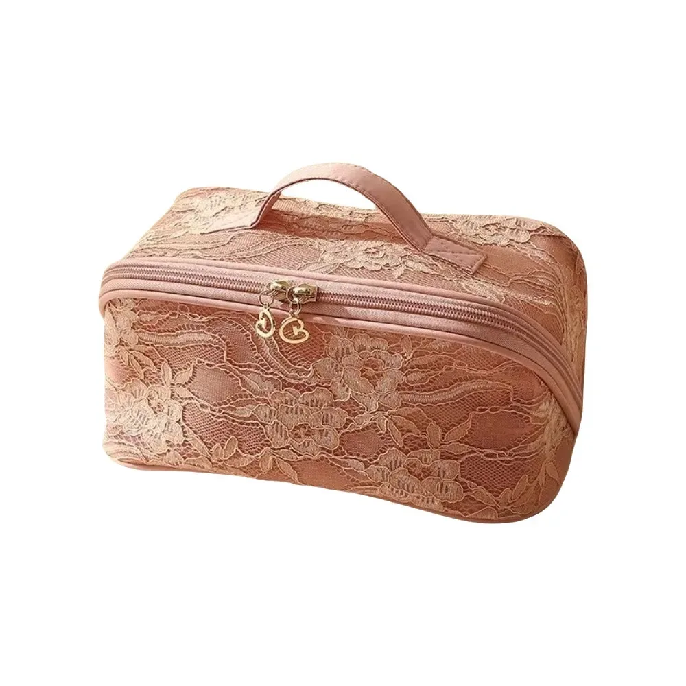 trousse de maquillage élégante en dentelle couleur unie grande capacité avec poignée sac de rangement cosmétique respirant trousse de toilette florale plage