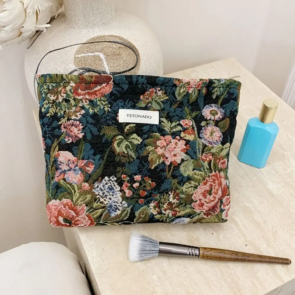 pochette en toile de polyester à motif floral, grande capacité, pochette de rangement pour cosmétiques, fermeture éclair portable, trousse de maquillage