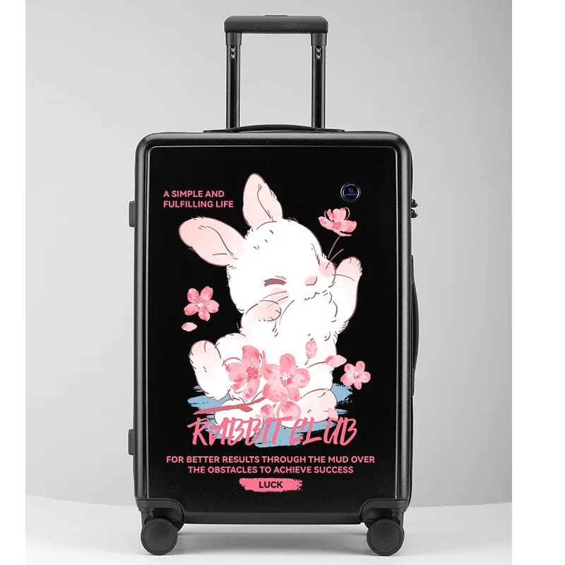 valise plastique abs beige noir gris lapins fleurs roses voyage école enfants toupie roulettes poignées